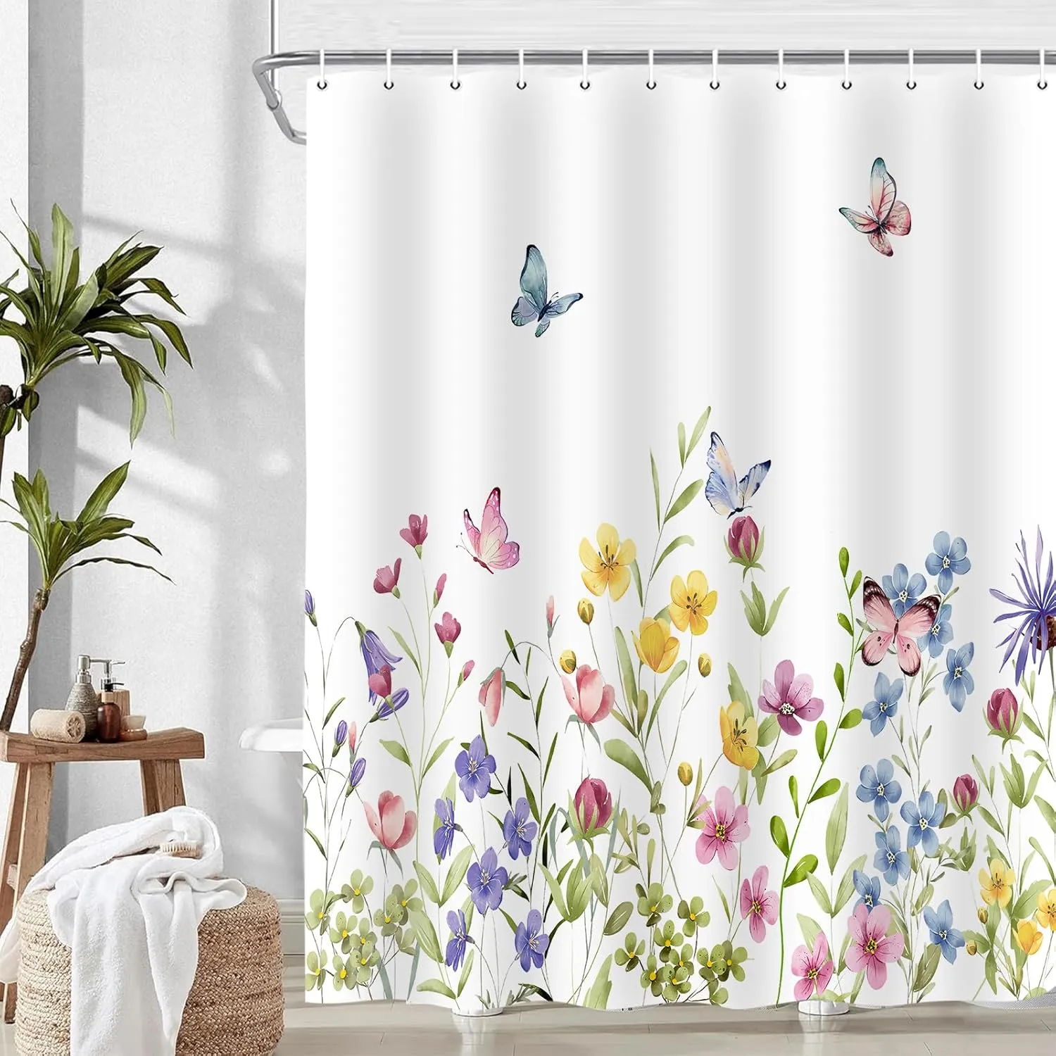 Flower Shower Curtain, Spring Colorful Floral Cute Butterfly Nature Plant Bathroom Accessory Set, Polyester Fabric Waterproof Shower Curtain for Bathroom with 12 Hooks 72x72 inch