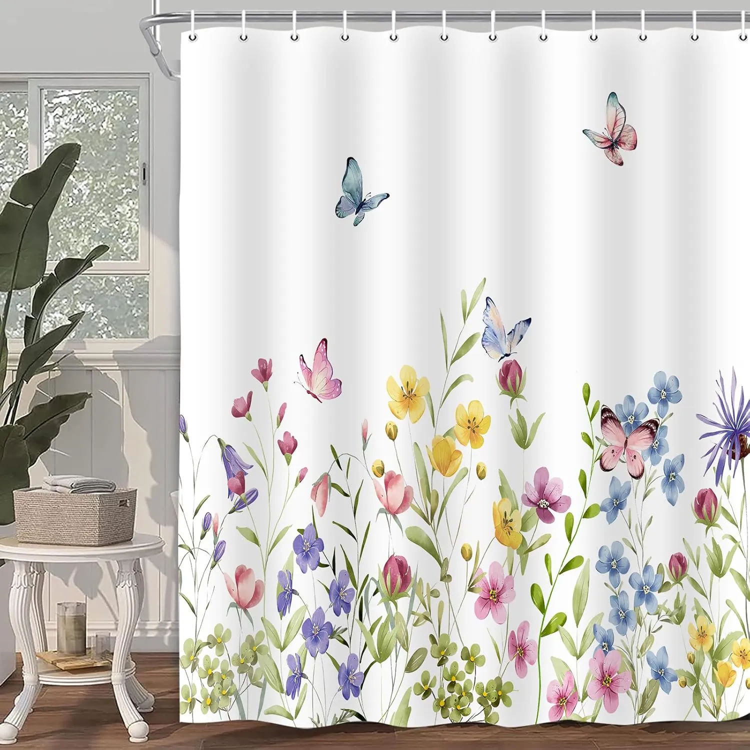 Flower Shower Curtain, Spring Colorful Floral Cute Butterfly Nature Plant Bathroom Accessory Set, Polyester Fabric Waterproof Shower Curtain for Bathroom with 12 Hooks 72x72 inch