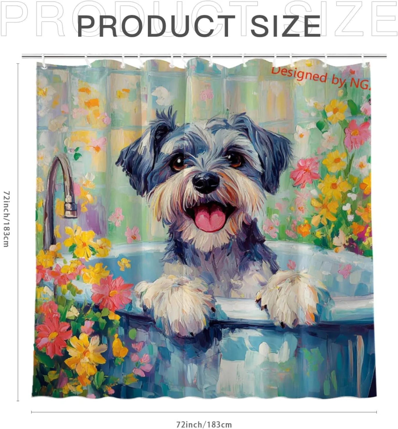 Flowers Cute Schnauzer Shower Curtain Durable Waterproof Fabric Bathtub Sets Home Fabric Bathroom Shower Curtain Set with Hooks 72x72 Inch