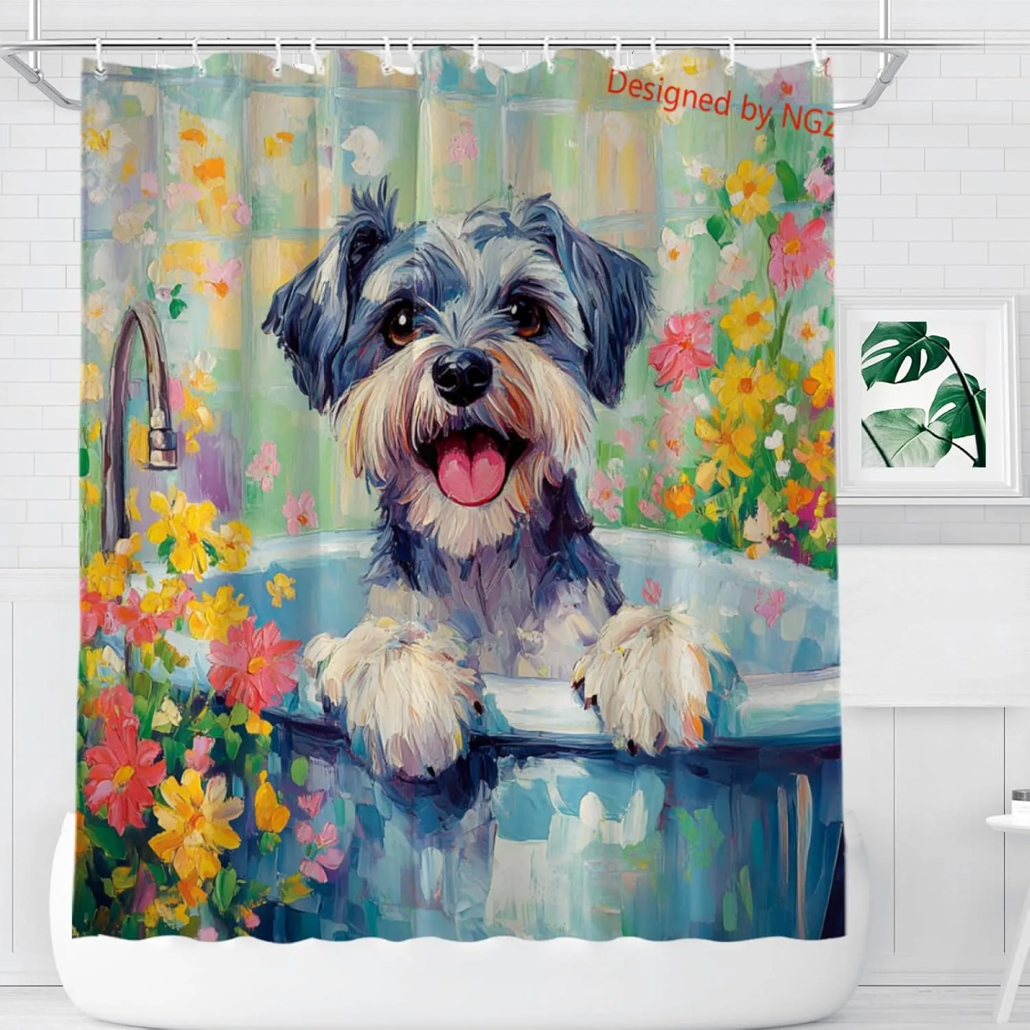 Flowers Cute Schnauzer Shower Curtain Durable Waterproof Fabric Bathtub Sets Home Fabric Bathroom Shower Curtain Set with Hooks 72x72 Inch