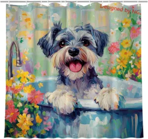 Flowers Cute Schnauzer Shower Curtain Durable Waterproof Fabric Bathtub Sets Home Fabric Bathroom Shower Curtain Set with Hooks 72x72 Inch