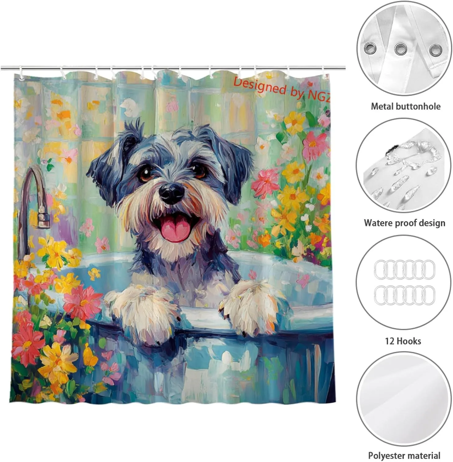Flowers Cute Schnauzer Shower Curtain Durable Waterproof Fabric Bathtub Sets Home Fabric Bathroom Shower Curtain Set with Hooks 72x72 Inch