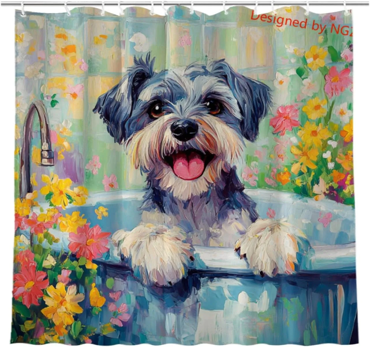 Flowers Cute Schnauzer Shower Curtain Durable Waterproof Fabric Bathtub Sets Home Fabric Bathroom Shower Curtain Set with Hooks 72x72 Inch