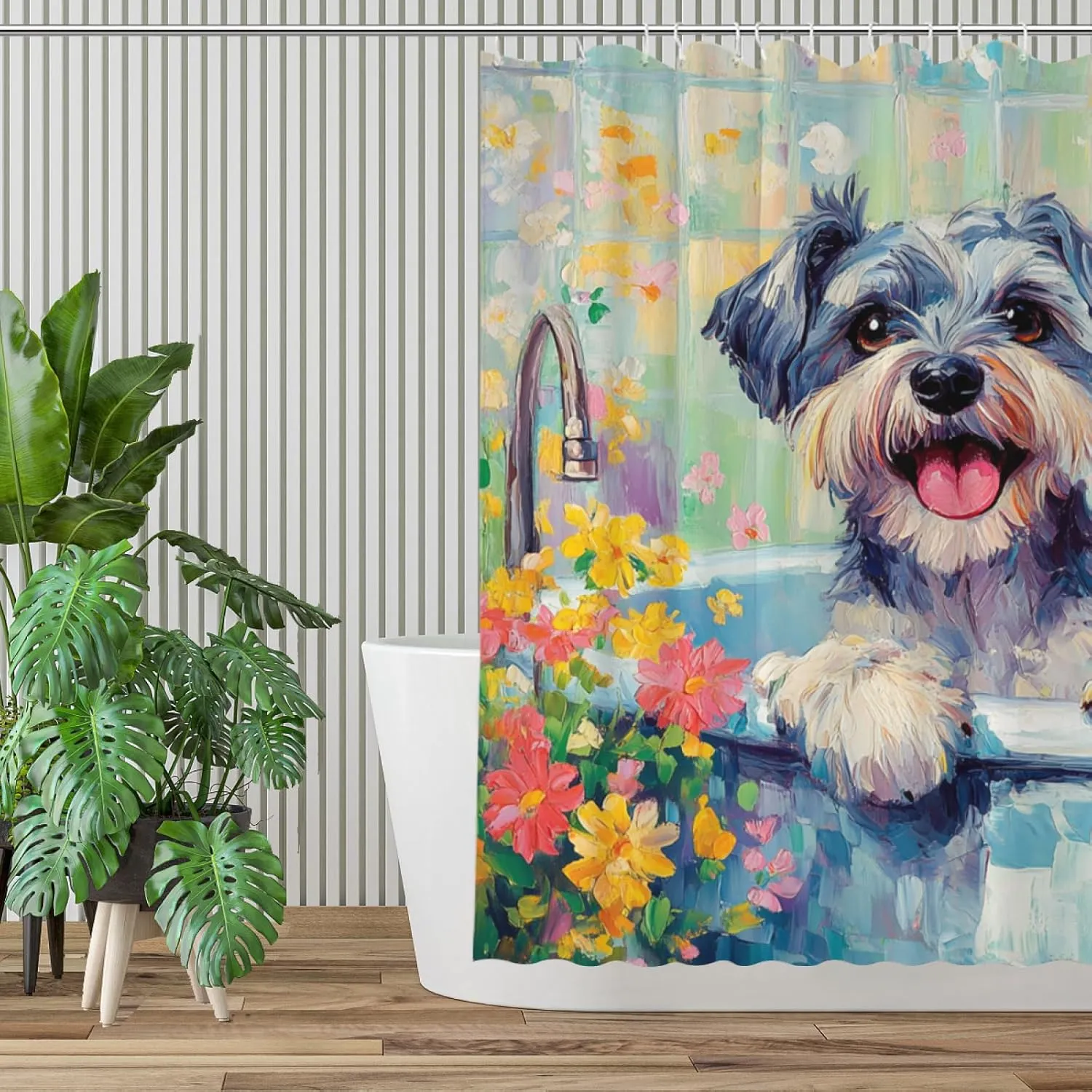 Flowers Cute Schnauzer Shower Curtain Durable Waterproof Fabric Bathtub Sets Home Fabric Bathroom Shower Curtain Set with Hooks 72x72 Inch