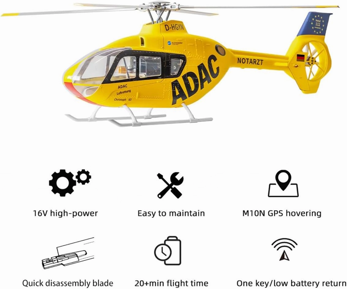 Flywing EC135 RC Helicopter, 2.4G 470-Class 6CH 4 Detachable Propellers RC Helicopter Model with GPS Positioning and 4 Intelligent Flight Modes, Gift for Adult (RTF Version)