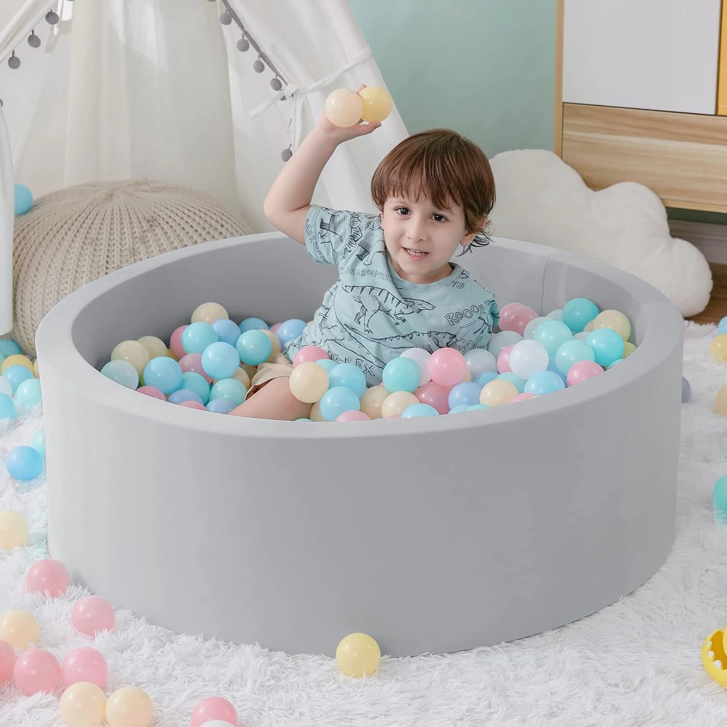 Foam Ball Pit, 35.4"x 11.8" Ball Pits for Toddlers, Soft Round Kiddie Baby Playpen Ball Pool for Kids, Ideal Gift for Babies Indoor and Outdoor Game, Grey, (Balls not Included)