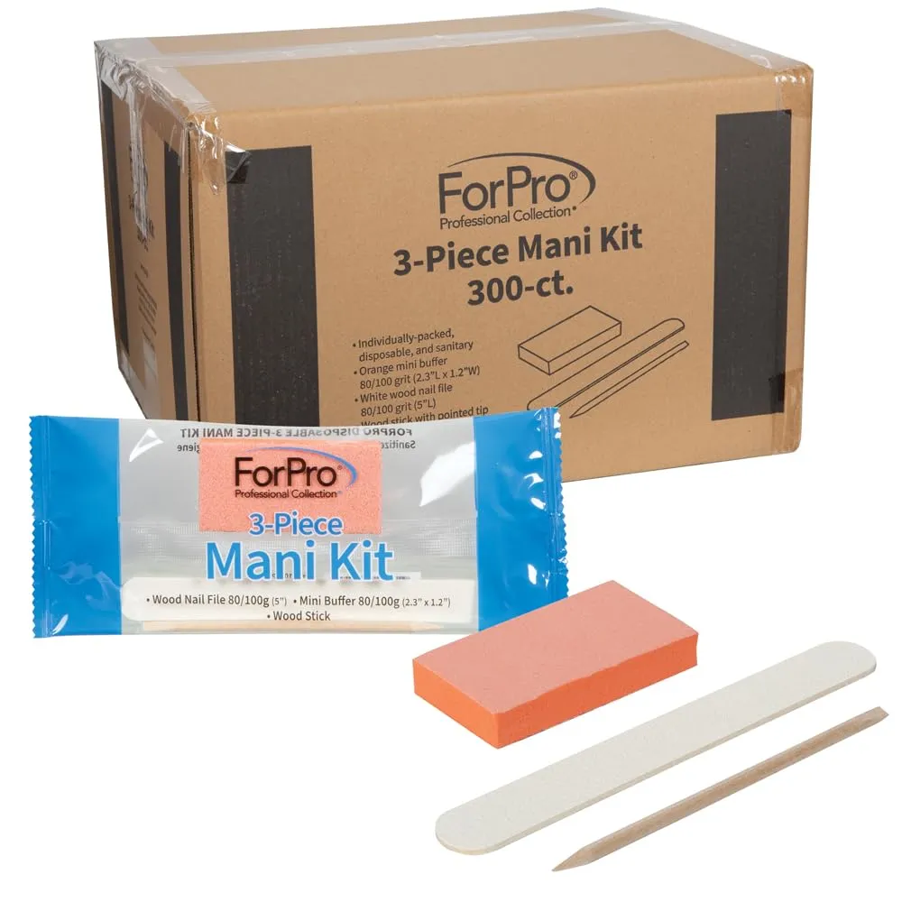 ForPro 3-Piece Mani Kit, 300-Count, Individually-Packed Manicure Set, White Wood Nail File 80/100 Grit, Orange Mini Buffer 80/100 Grit, Wood Stick