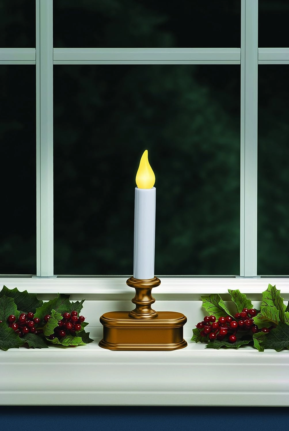 FPC1221B-6 Battery Operated LED Dusk to Dawn Window Candle with Amber Steady On or Flicker Flame, Gold/Brass Pack of 6
