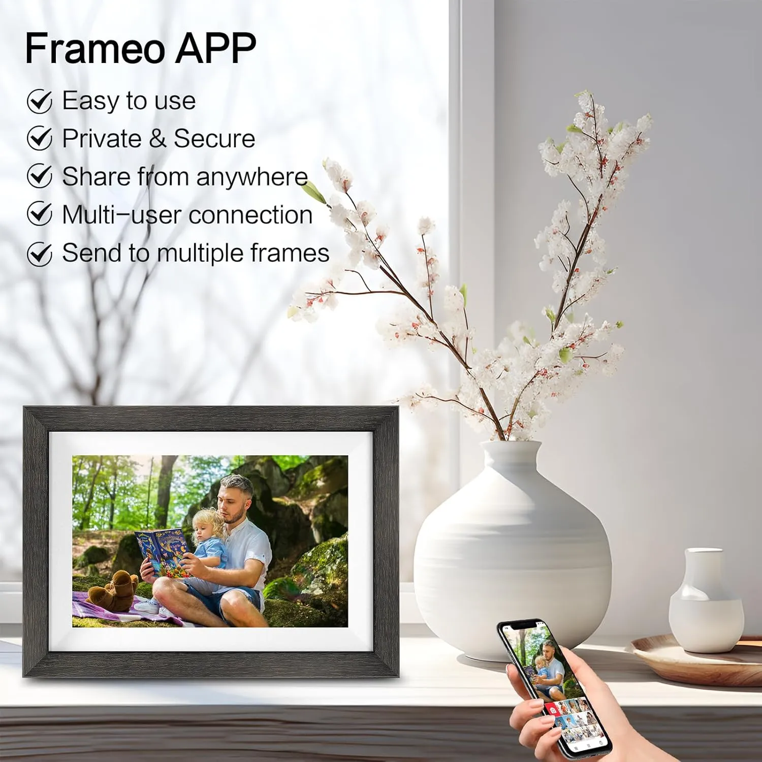 Frameo Digital Photo Frame,10.1 Inch WiFi Smart Digital Picture Frame with HD IPS Touch Screen,Auto-Rotate,Send Pictures from Anywhere via Frameo APP(Wood Effect)