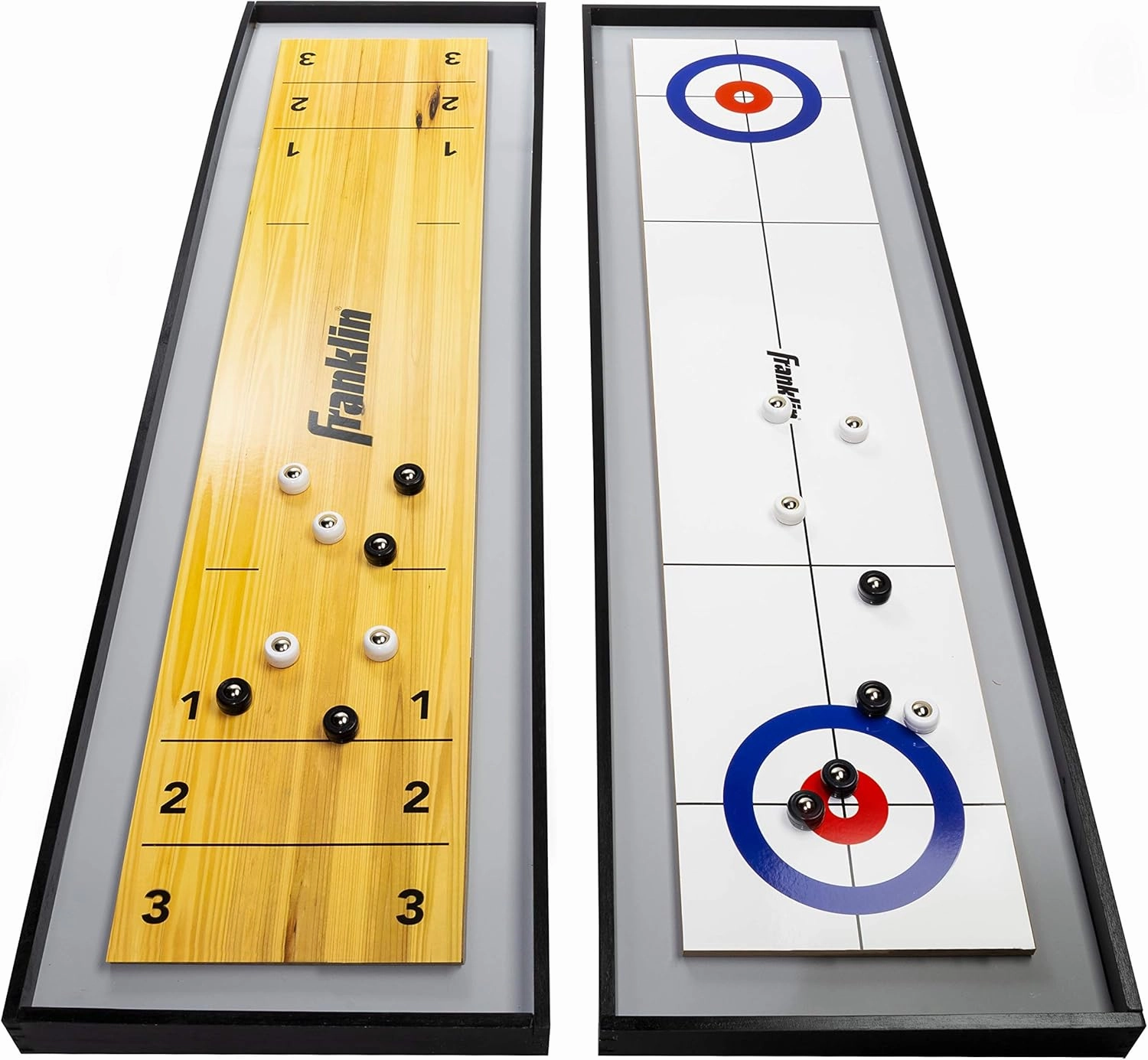 Franklin Sports 2-in-1 Shuffleboard Table and Curling Set - Portable Tabletop Set Includes 8 Rolling Mini Pucks - 45"