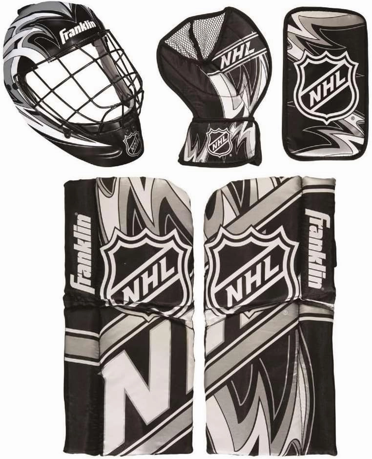 Franklin Sports NHL Youth Knee Hockey Goalie Pads   Helmet Set - Kids Knee   Mini Hockey Goalie Gear   Equipment - (2) Leg Pads, Catch Glove, Blocker   Mask Included