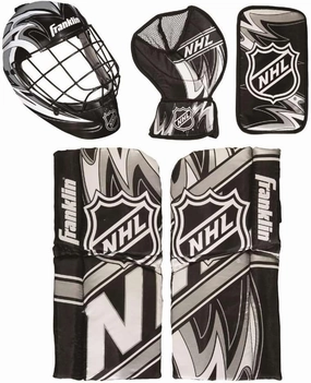 Franklin Sports NHL Youth Knee Hockey Goalie Pads   Helmet Set - Kids Knee   Mini Hockey Goalie Gear   Equipment - (2) Leg Pads, Catch Glove, Blocker   Mask Included
