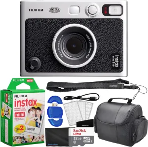 Fujifilm Instax Mini EVO Hybrid Instant Camera Black Bundle with 20 Instax Mini Instant Film Sheets, 32GB Memory Card, USB Memory Card Reader, Case, Microfiber Cloth   Screen Protector