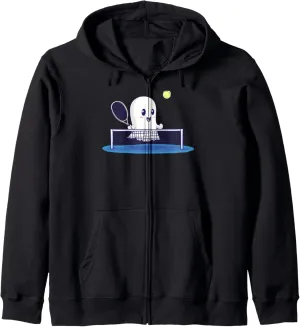 Funny Ghost Tennis Halloween Sports Racket Court Cute Ghost Zip Hoodie