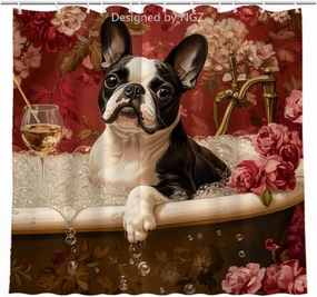Funny Boston Terrier Shower Curtain, SPA Boston Terrier with Wine, Red Shower Curtain, 72x72 Inches Floral Shower Curtains for Bathroom, Bath Curtains Set with 12 Hooks