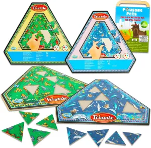 GAME PARTY Triazzle Triangle Puzzle 2 Pack - Triangle Jigsaw Bundle of Frog and Dolphin Puzzles, Stickers and Tray | Puzzle Set with Triangle Shaped Pieces