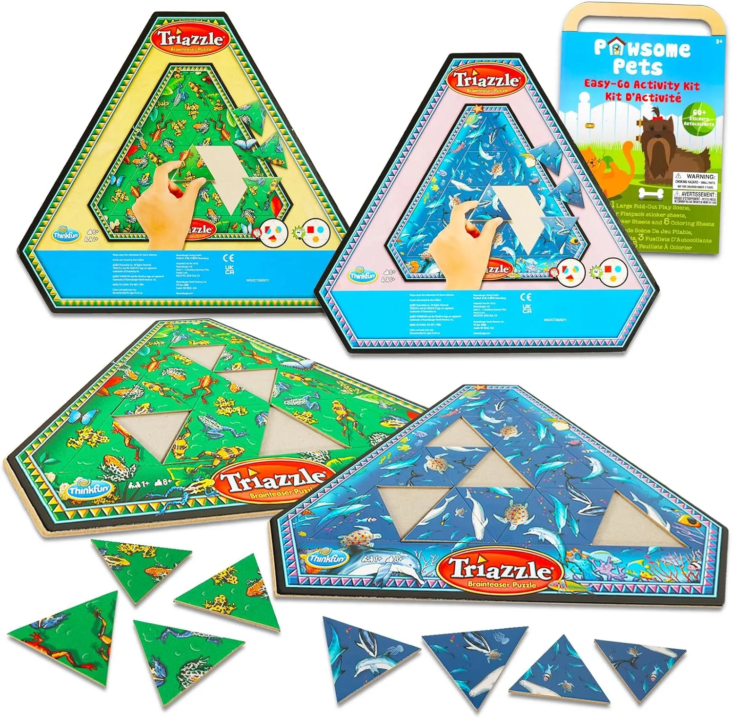 GAME PARTY Triazzle Triangle Puzzle 2 Pack - Triangle Jigsaw Bundle of Frog and Dolphin Puzzles, Stickers and Tray | Puzzle Set with Triangle Shaped Pieces