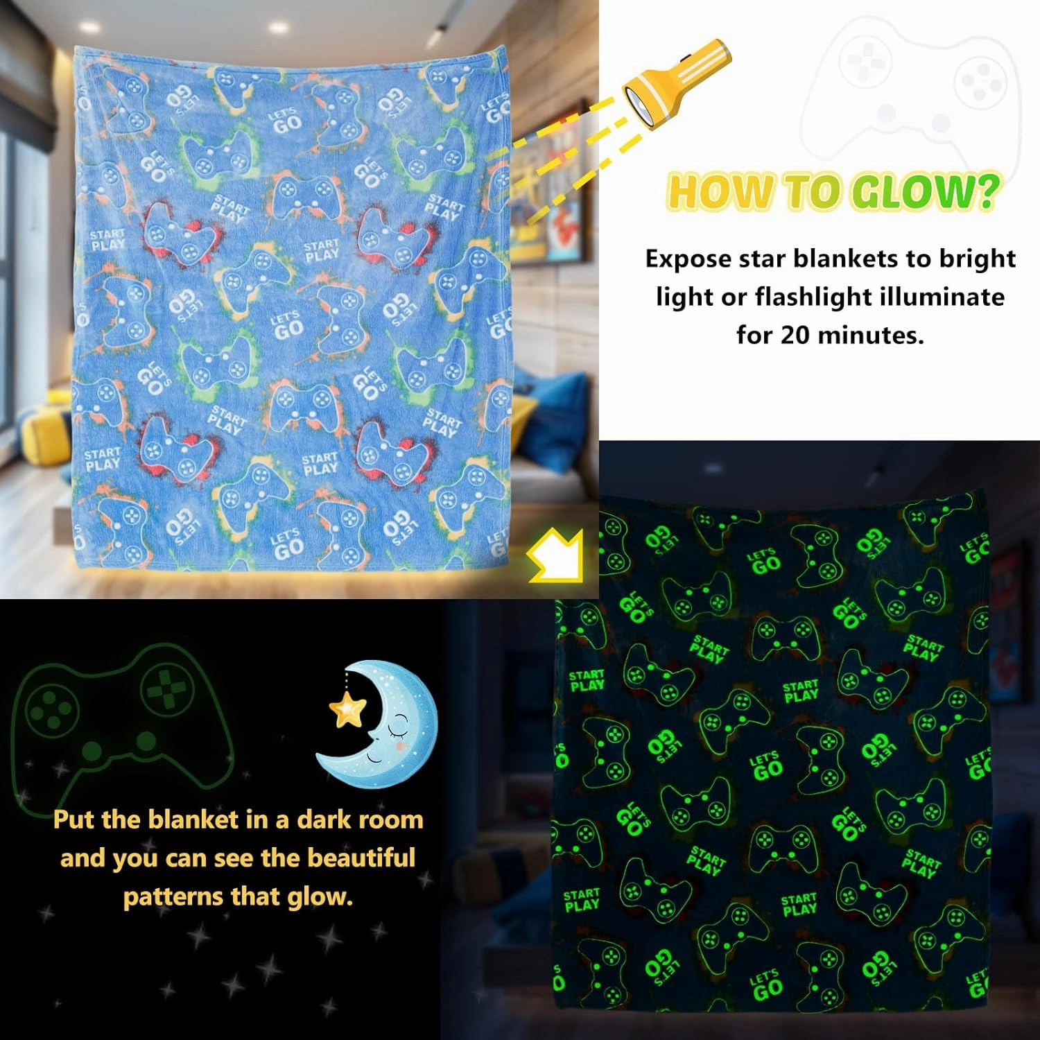 Gaming Blanket Glow in The Dark for Girls Boys - Gamer Room Decor for Night Light Up, Game Controller Throw Toy for Adult Kids, Soft Throw Blanket for Age 2-10 Year Old