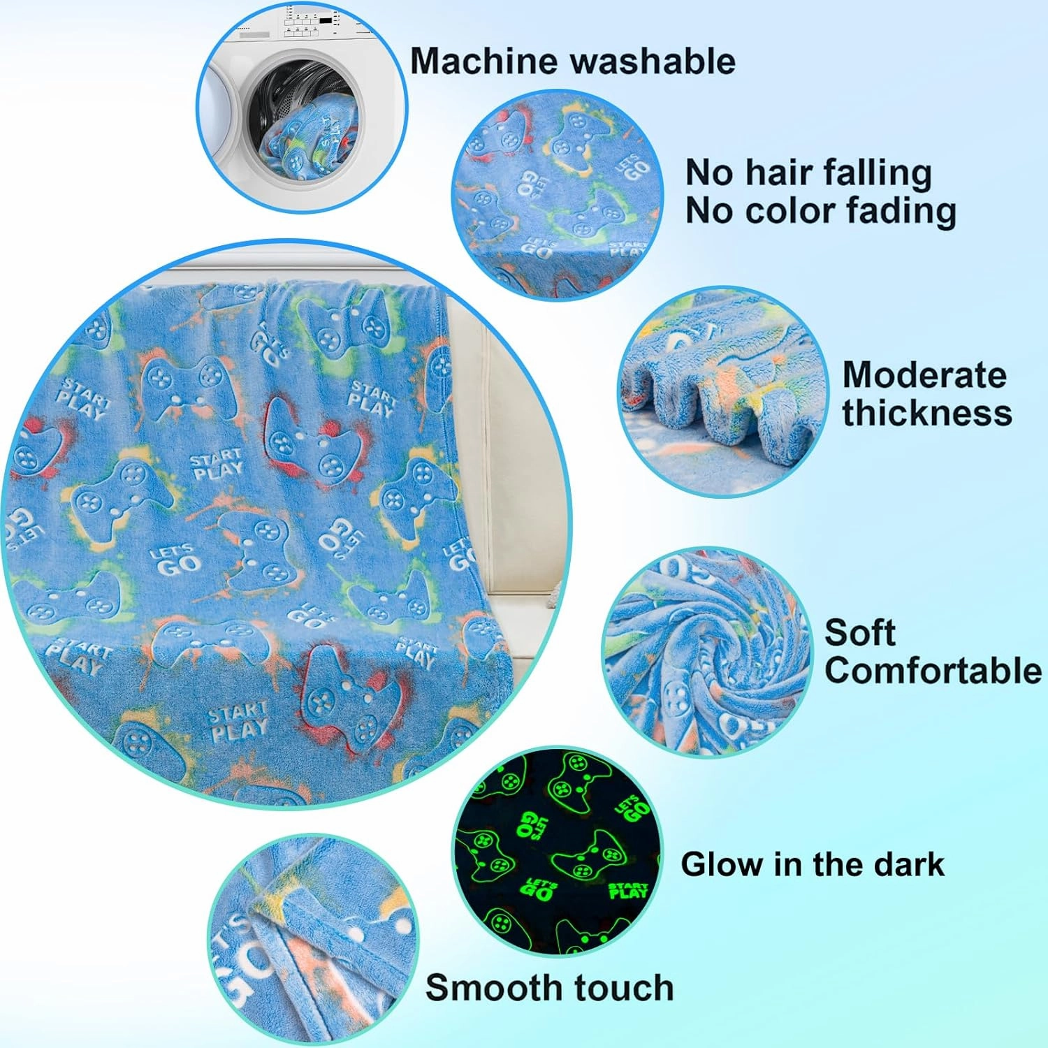 Gaming Blanket Glow in The Dark for Girls Boys - Gamer Room Decor for Night Light Up, Game Controller Throw Toy for Adult Kids, Soft Throw Blanket for Age 2-10 Year Old