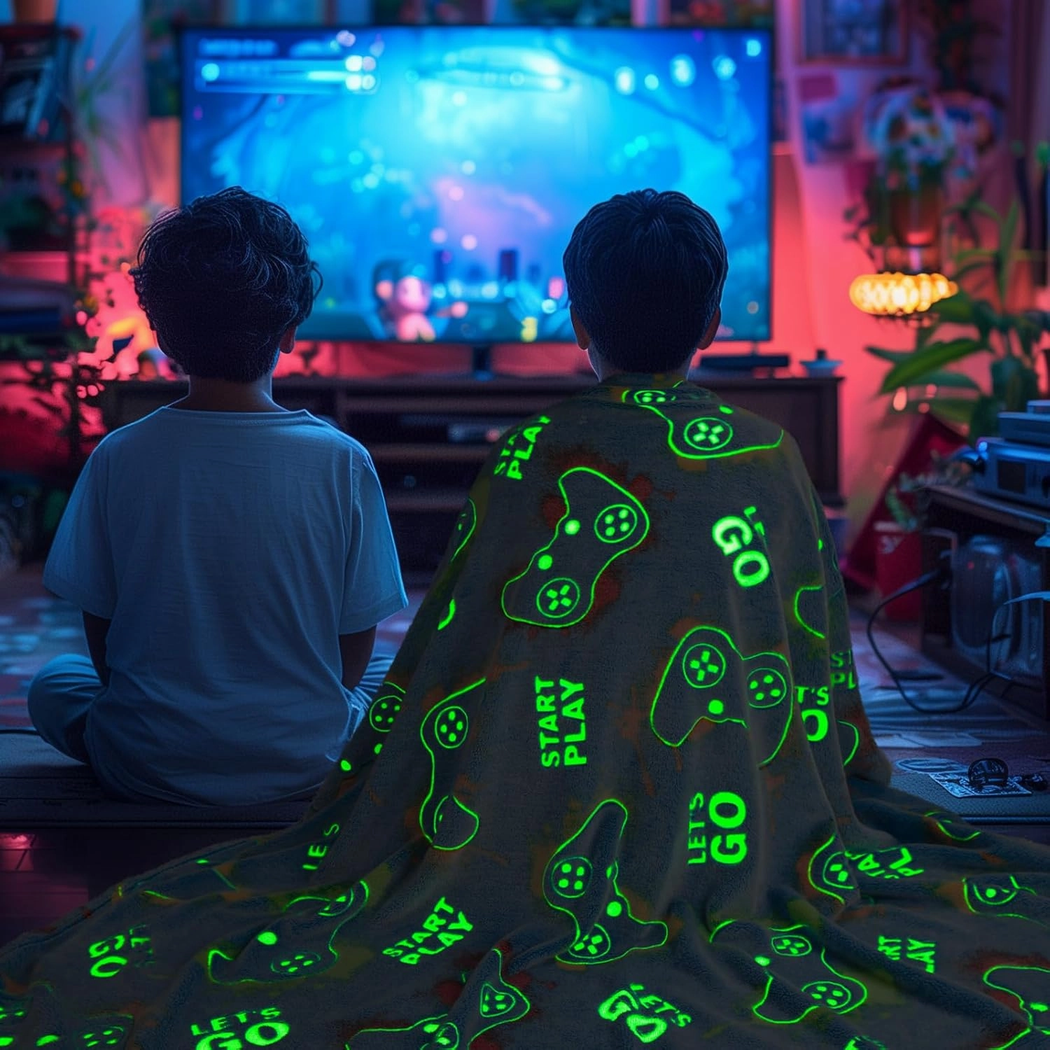 Gaming Blanket Glow in The Dark for Girls Boys - Gamer Room Decor for Night Light Up, Game Controller Throw Toy for Adult Kids, Soft Throw Blanket for Age 2-10 Year Old