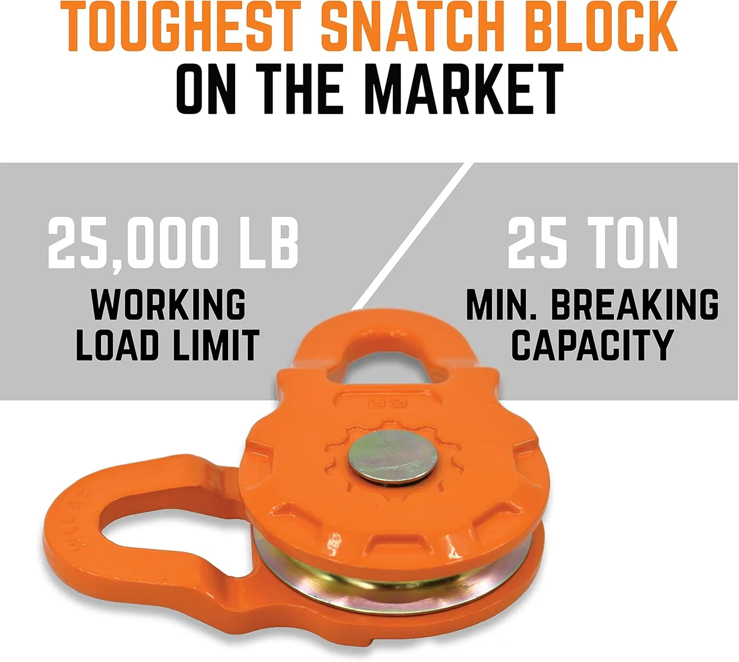 GearAmerica Mega Snatch Block Pulley, 25T (25,000 Lbs) Heavy Duty Winch Pulley for Synthetic Rope or Steel Cable, Double Winch Pulling Power, Off-Road Control Recovery Direction - 1 Pack, Orange