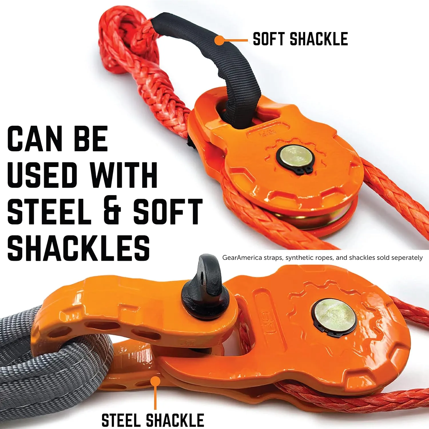 GearAmerica Mega Snatch Block Pulley, 25T (25,000 Lbs) Heavy Duty Winch Pulley for Synthetic Rope or Steel Cable, Double Winch Pulling Power, Off-Road Control Recovery Direction - 1 Pack, Orange