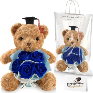 Giegxin Graduation Bear Plush with Bouquet Set, 2025 Rose Flower Stuffed Bear Gift Class of 2025 Graduation Animal with Cap Artificial Box Greeting Card for Congrats Grad Gift(Navy Blue)