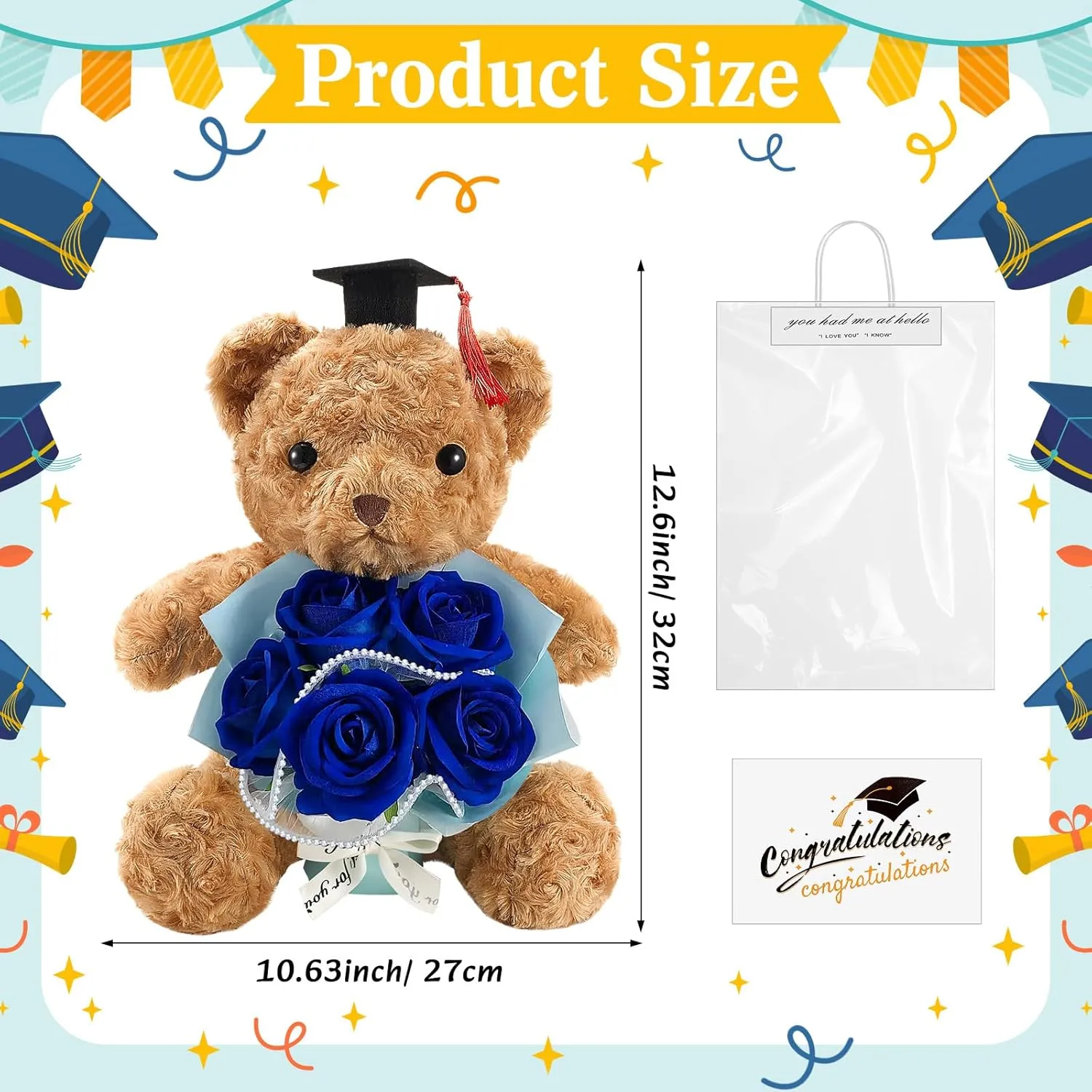 Giegxin Graduation Bear Plush with Bouquet Set, 2025 Rose Flower Stuffed Bear Gift Class of 2025 Graduation Animal with Cap Artificial Box Greeting Card for Congrats Grad Gift(Navy Blue)