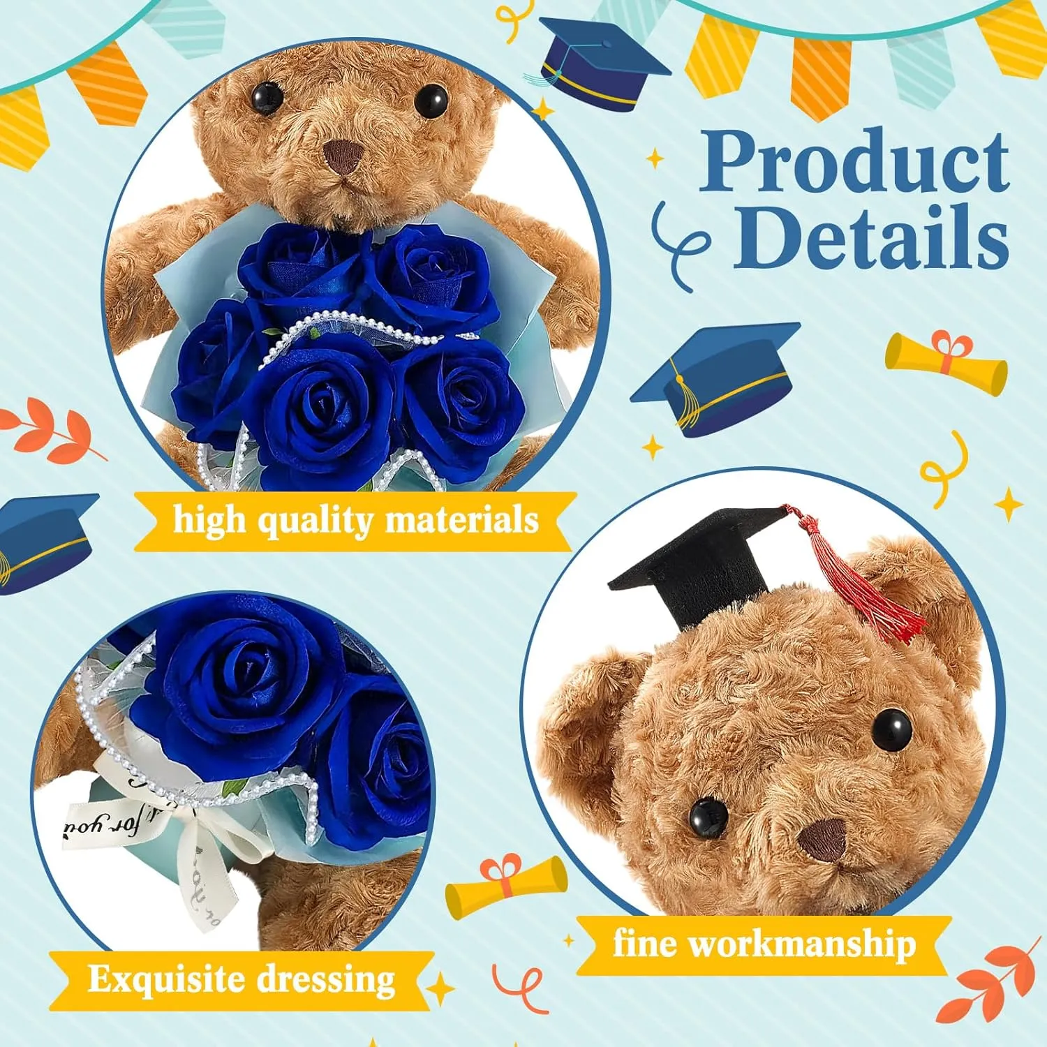 Giegxin Graduation Bear Plush with Bouquet Set, 2025 Rose Flower Stuffed Bear Gift Class of 2025 Graduation Animal with Cap Artificial Box Greeting Card for Congrats Grad Gift(Navy Blue)