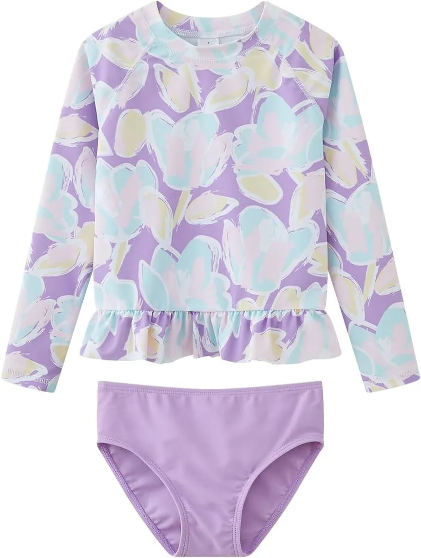 Girls Rash Guard 2-Piece Swimsuit Set Long Sleeve Bathing Suits with UPF 50  Sun Protection