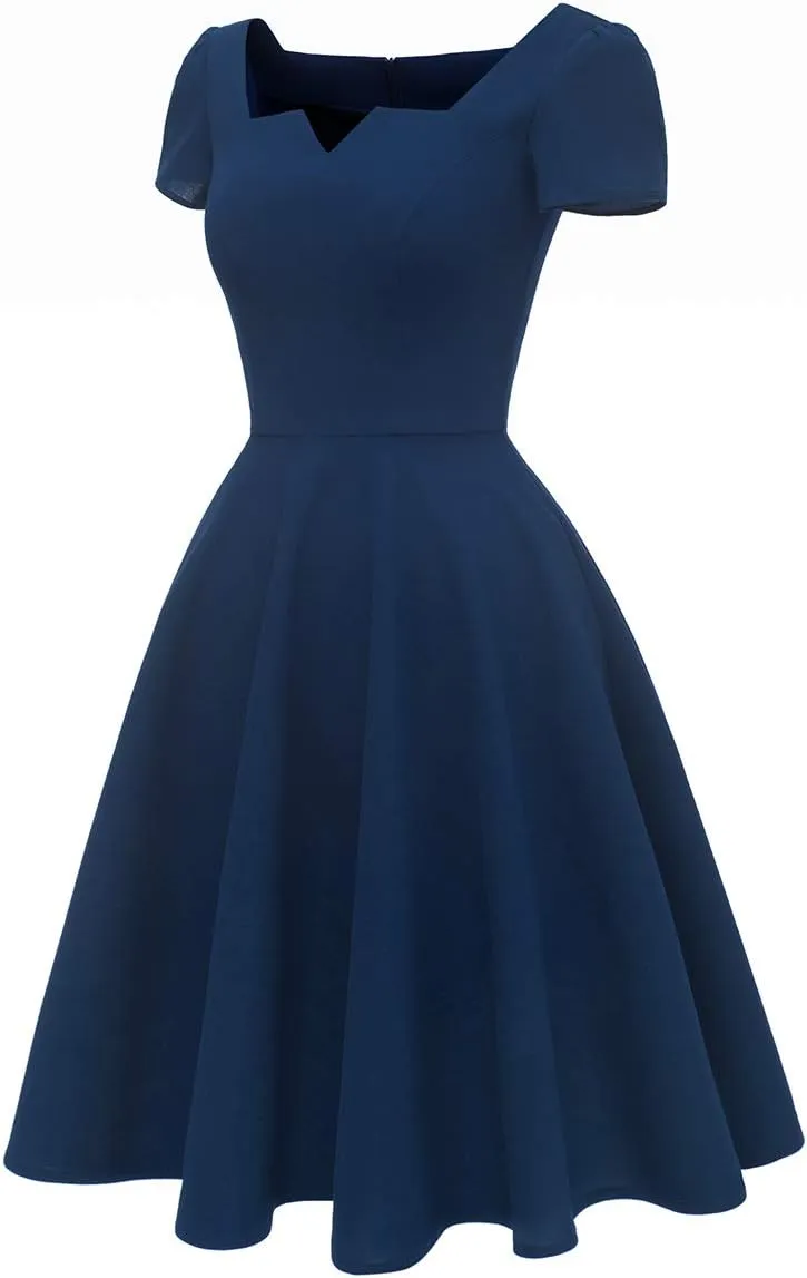 Girstunm Women's Classic Tea Dress Short Sleeve Swing Cocktail Party Dresses with Pockets