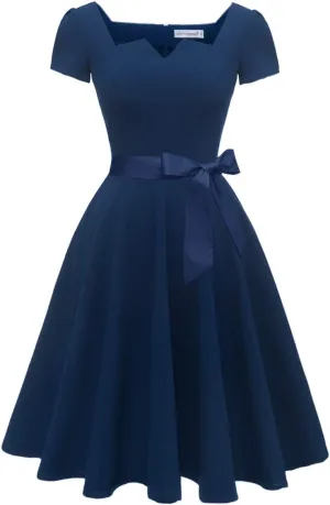 Girstunm Women's Classic Tea Dress Short Sleeve Swing Cocktail Party Dresses with Pockets