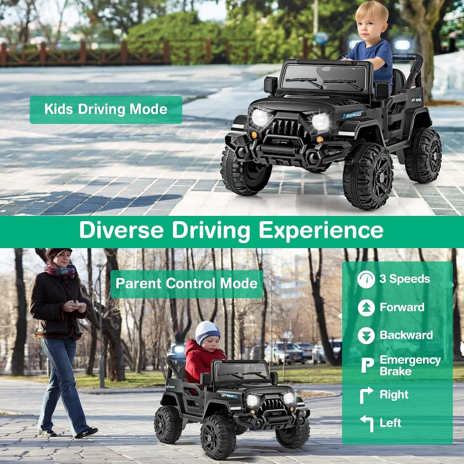 GLACER Electric Ride on Truck Car, 12v Battery Powered Electric Car for Kids, Ride on Jeeps Car with Parental Remote Control, Double Doors, LED Lights, Music, MP3 Player, Safety Belt (Black)