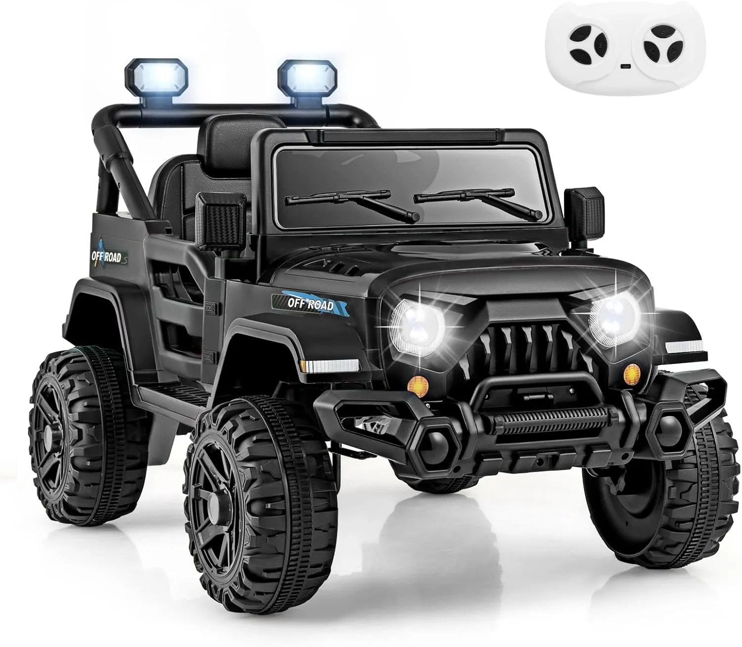 GLACER Electric Ride on Truck Car, 12v Battery Powered Electric Car for Kids, Ride on Jeeps Car with Parental Remote Control, Double Doors, LED Lights, Music, MP3 Player, Safety Belt (Black)
