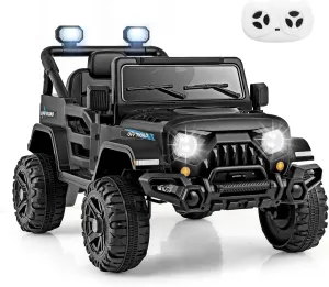 GLACER Electric Ride on Truck Car, 12v Battery Powered Electric Car for Kids, Ride on Jeeps Car with Parental Remote Control, Double Doors, LED Lights, Music, MP3 Player, Safety Belt (Black)
