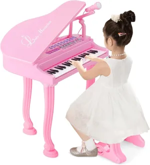GLACER Kids Piano with Stool, 37 Keys Mini Grand Piano with Stand & Adjustable Microphone, Lights, Portable Electronic Keyboard Musical Instrument Toy, Birthday Gift for Toddler Boys Girls (Pink)