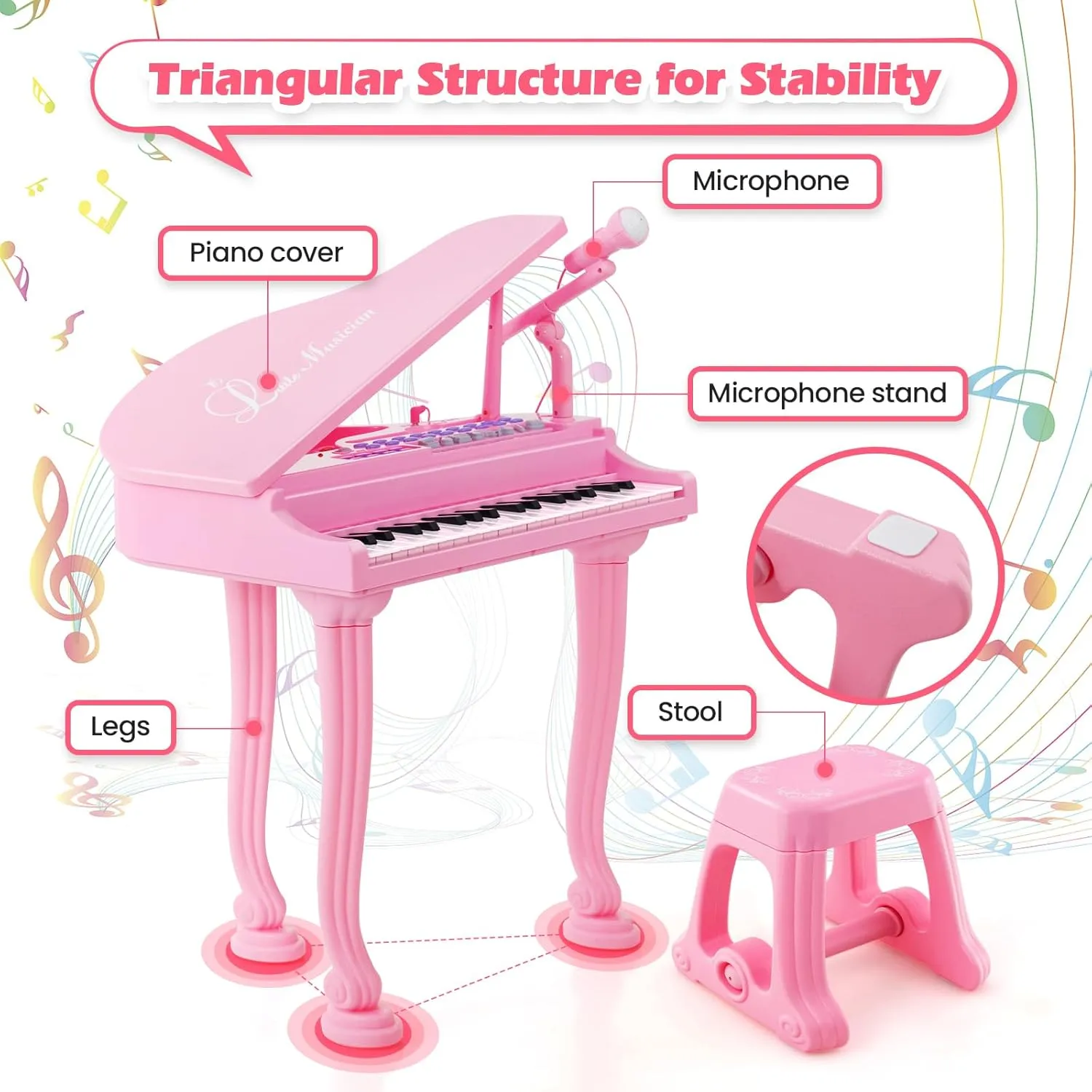 GLACER Kids Piano with Stool, 37 Keys Mini Grand Piano with Stand & Adjustable Microphone, Lights, Portable Electronic Keyboard Musical Instrument Toy, Birthday Gift for Toddler Boys Girls (Pink)