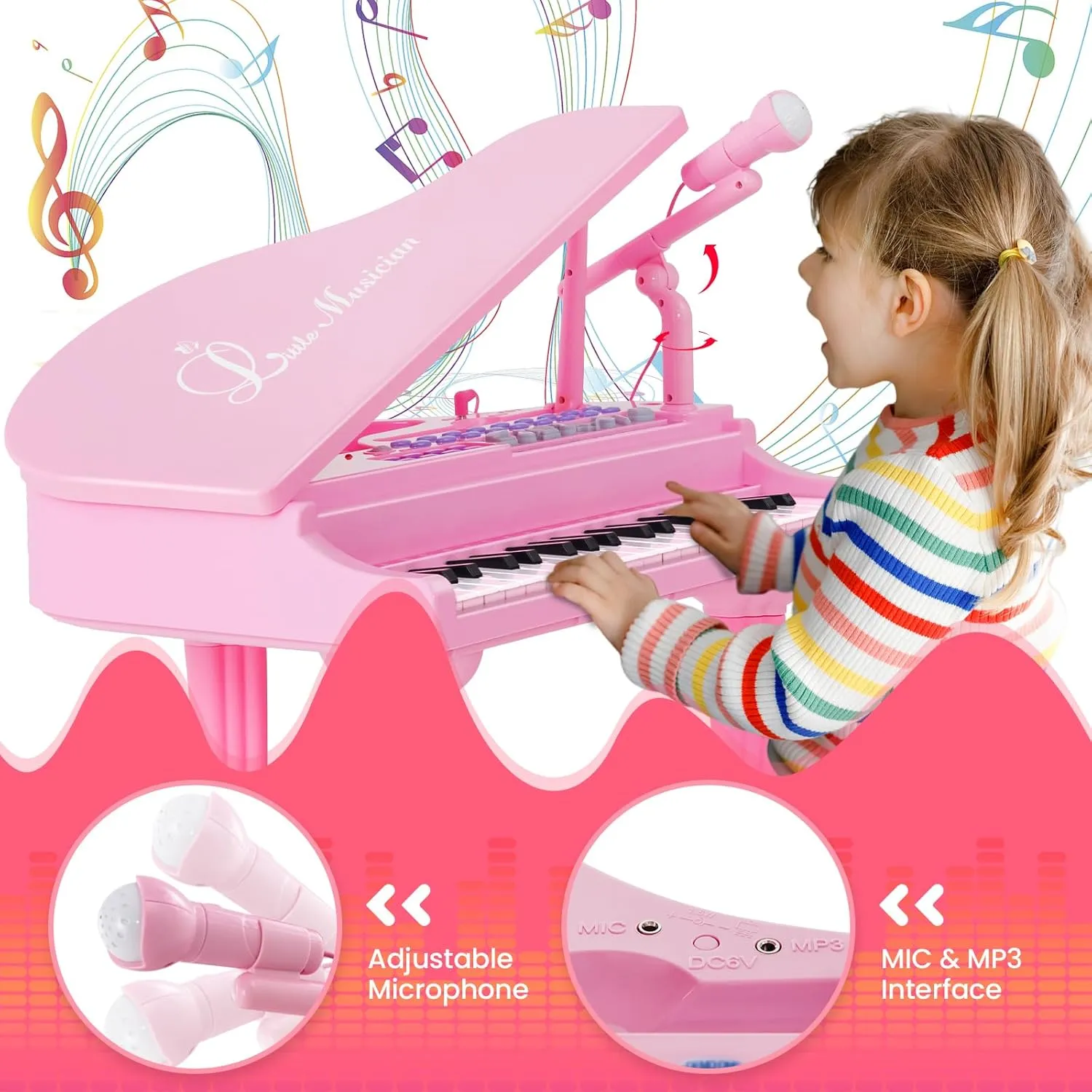 GLACER Kids Piano with Stool, 37 Keys Mini Grand Piano with Stand & Adjustable Microphone, Lights, Portable Electronic Keyboard Musical Instrument Toy, Birthday Gift for Toddler Boys Girls (Pink)