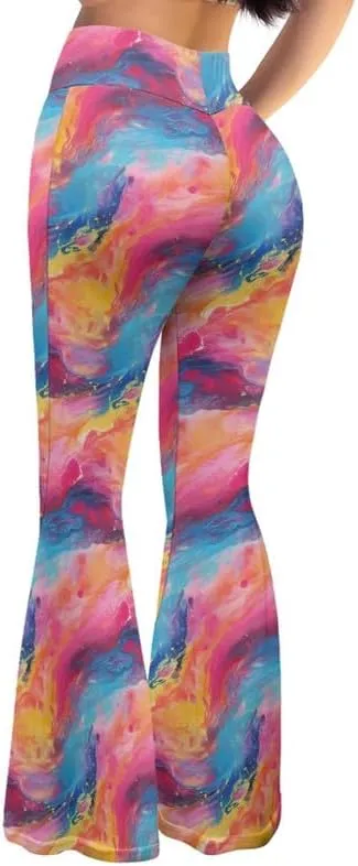 Gold China Loong Women Bootcut Yoga Pants Ditsy Floral Wide Leg Lounge Pants Retro Rose Elastic Casual Leggings