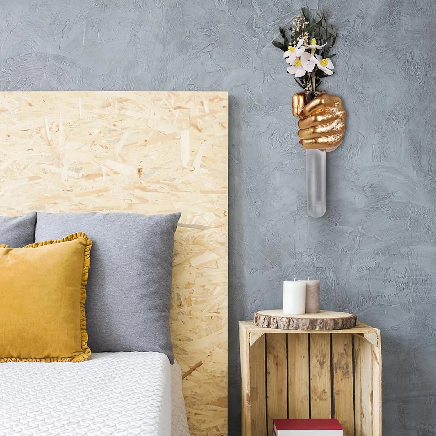 Gold Wall Sculptures, Hand Vases Home Decor, Wall Mount Art Sculpture, Unique Wall Art Statue, Funky Flower Vase Decorations, Modern Eclectic Hanging Decor,Glass Test Tube Vase