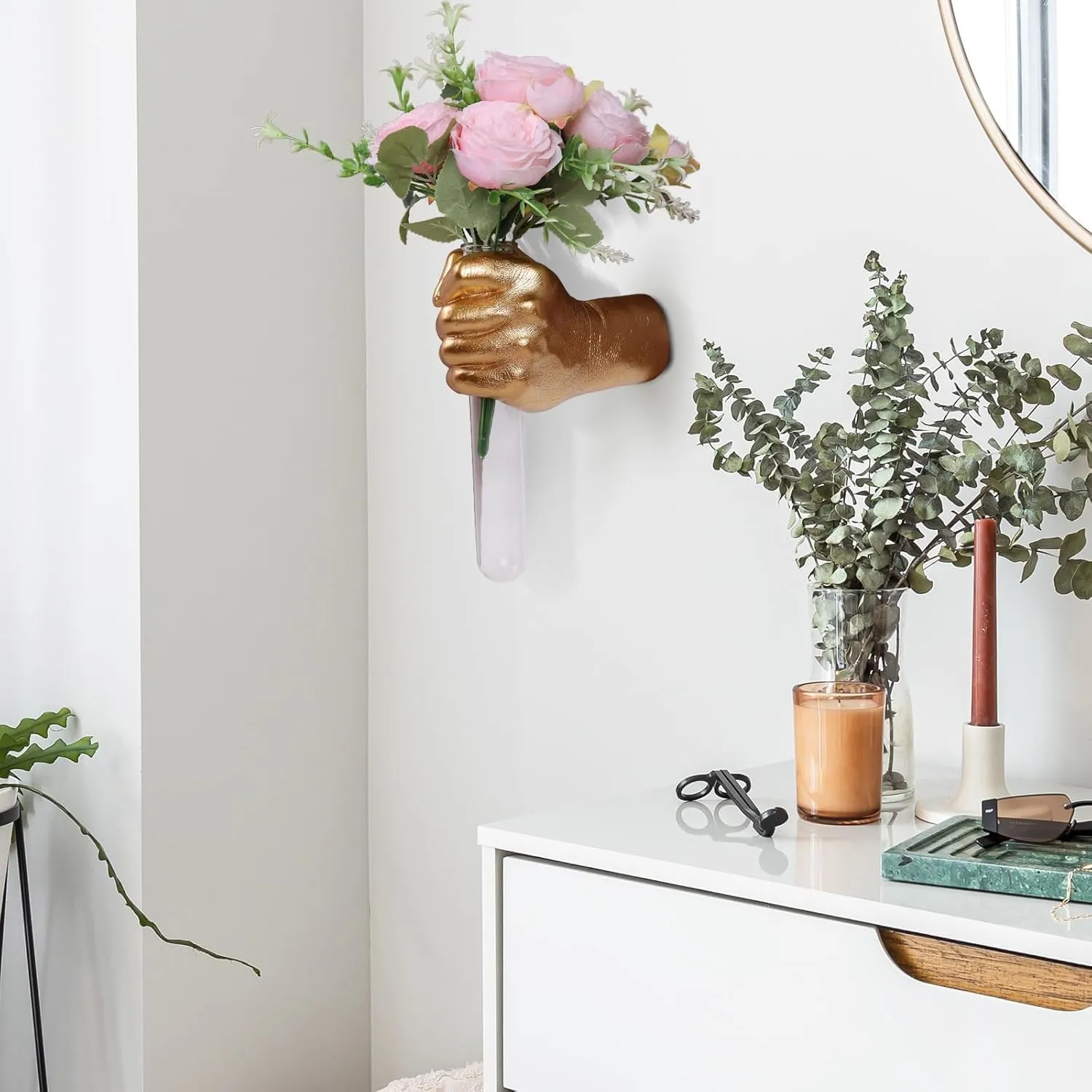 Gold Wall Sculptures, Hand Vases Home Decor, Wall Mount Art Sculpture, Unique Wall Art Statue, Funky Flower Vase Decorations, Modern Eclectic Hanging Decor,Glass Test Tube Vase