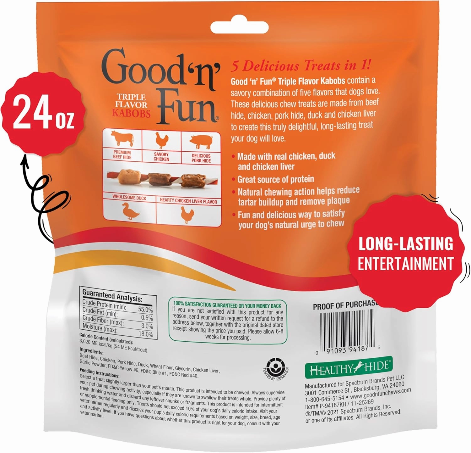 Good'n'Fun Triple Flavored Rawhide Kabobs for Dogs, 24 oz, 36 Count, 2 Pack