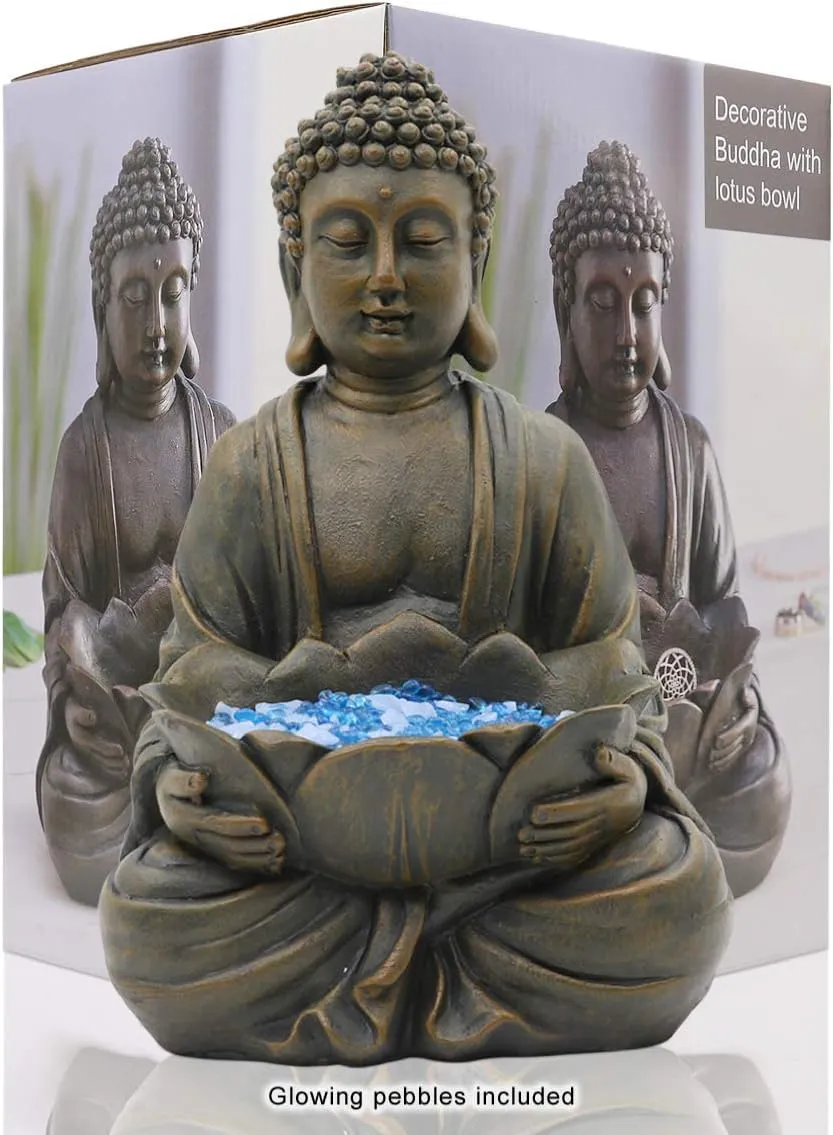 Goodeco 12" Meditating Buddha Statue Figurine w/Lotus - Zen Garden Statues for Indoor/Outdoor Decor- with Magical Glow in Dark Pebbles & Glass Stones, Ideal Gifts for Home (Brown)
