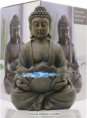 Goodeco 12" Meditating Buddha Statue Figurine w/Lotus - Zen Garden Statues for Indoor/Outdoor Decor- with Magical Glow in Dark Pebbles & Glass Stones, Ideal Gifts for Home (Brown)