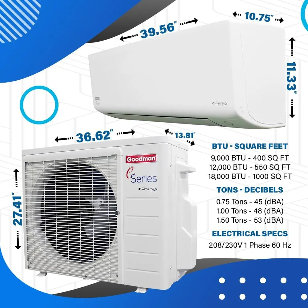 Goodman 18 SEER2 1.50 Tons Mini Split E-Series | 208/230v 1Phase 60Hz | 18,000 BTU Cooling & Heating w/ACiQ 30ft Installation Kits | Inverter Heat Pump, Ductless System, Single Zone, Wall Mounted
