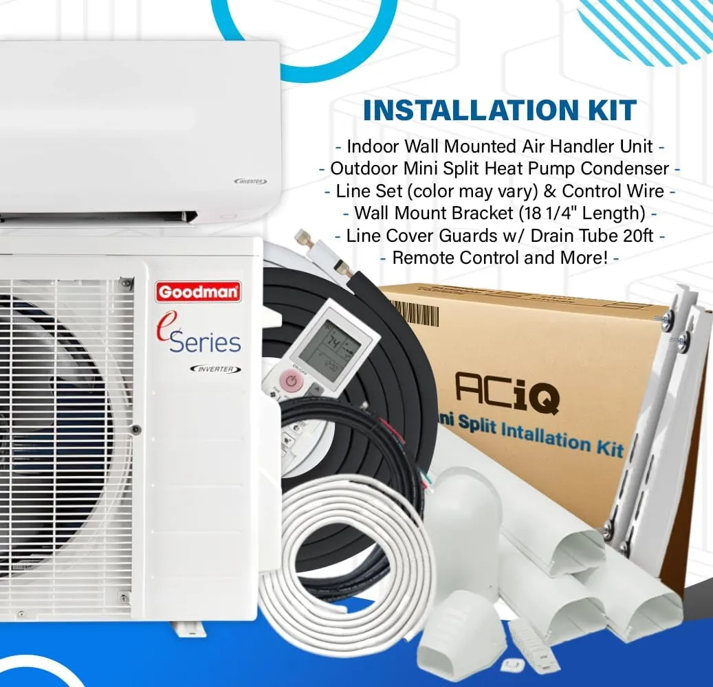 Goodman 18 SEER2 1.50 Tons Mini Split E-Series | 208/230v 1Phase 60Hz | 18,000 BTU Cooling & Heating w/ACiQ 30ft Installation Kits | Inverter Heat Pump, Ductless System, Single Zone, Wall Mounted