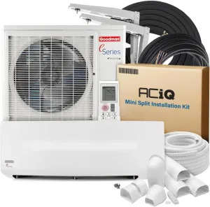 Goodman 18 SEER2 1.50 Tons Mini Split E-Series | 208/230v 1Phase 60Hz | 18,000 BTU Cooling & Heating w/ACiQ 30ft Installation Kits | Inverter Heat Pump, Ductless System, Single Zone, Wall Mounted