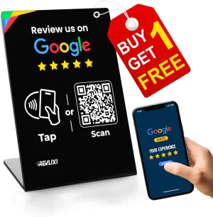 Google Review Stand - Boost Reviews w/Reusable Google Review Tap Card Stand & QR Code Stand- Smart Phone & iPhone Compatible - Boost Google Reviews for Online Growth - Acrylic (Black)
