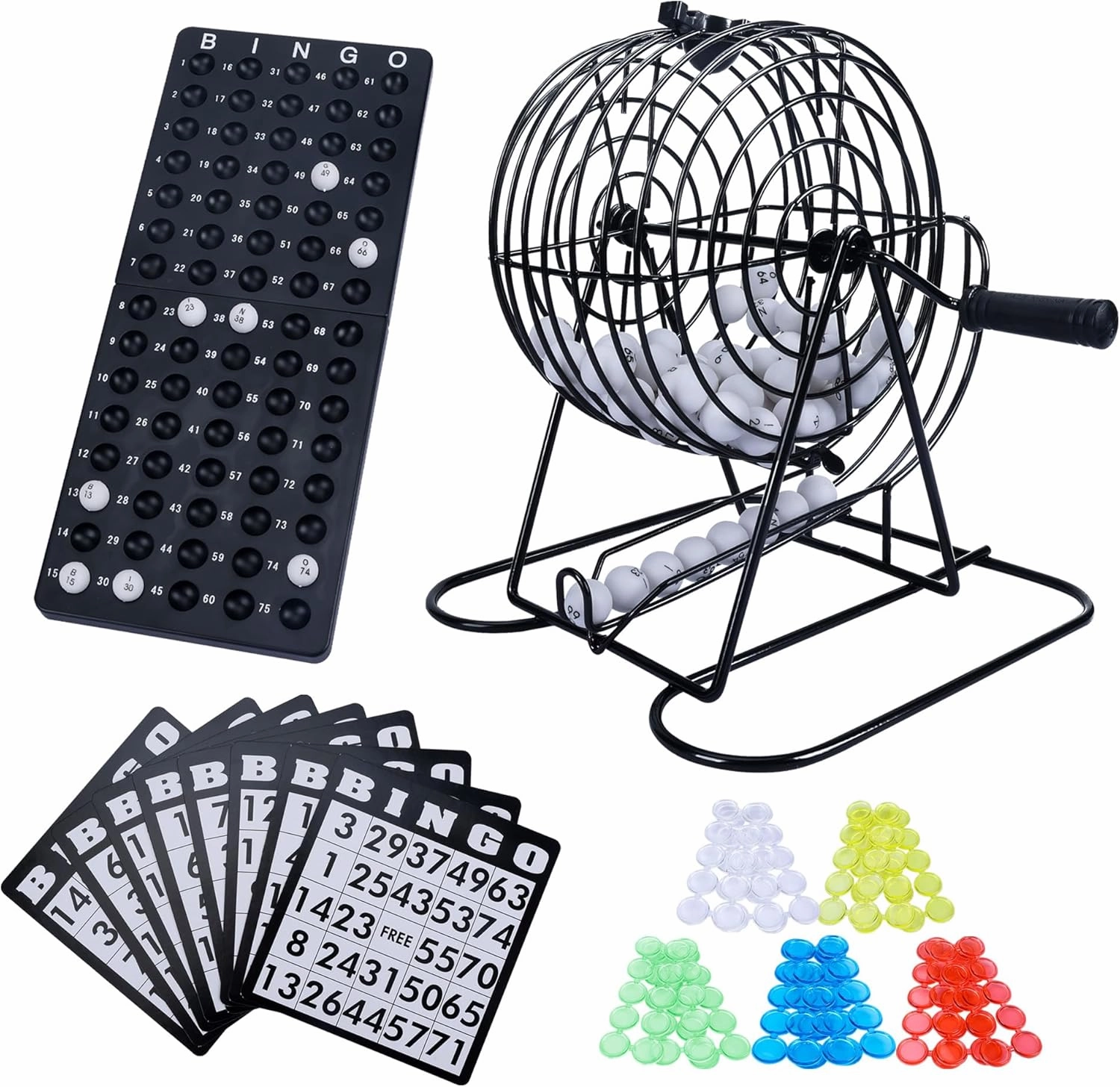 GOTHINK Bingo Game Set for Adults and Kids - Included 8" Metal Wheel Cage, 75 Calling Balls, Master Board, 18 Bingo Cards & 150 Colored Chips, Great for Fun Family Game Night, Large Groups, Parties