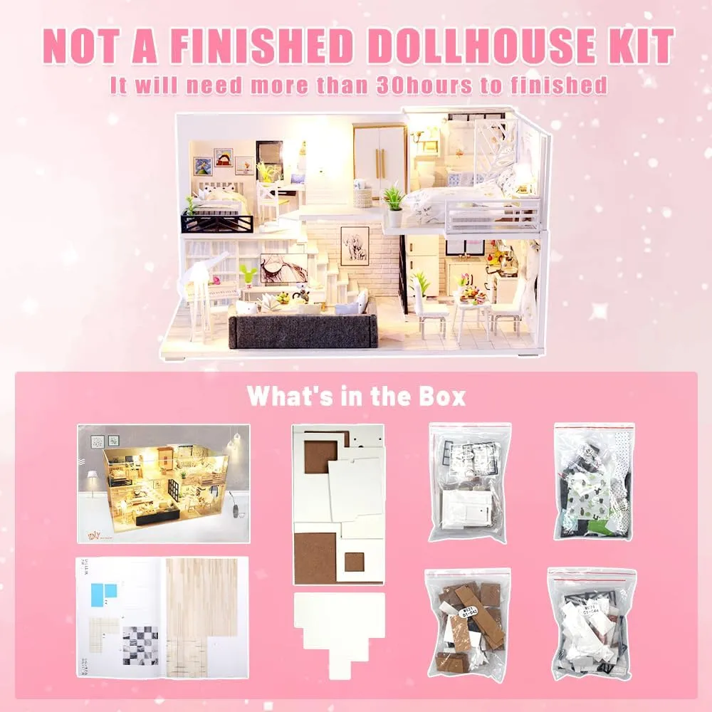 GuDoQi DIY Miniature Dollhouse Kit with Furniture and Music, Tiny House kit 1:24 Scale, Need to Assemble Around 30 Hours, Great Handmade Crafts Gift for Birthday, Christmas, Simple Life House